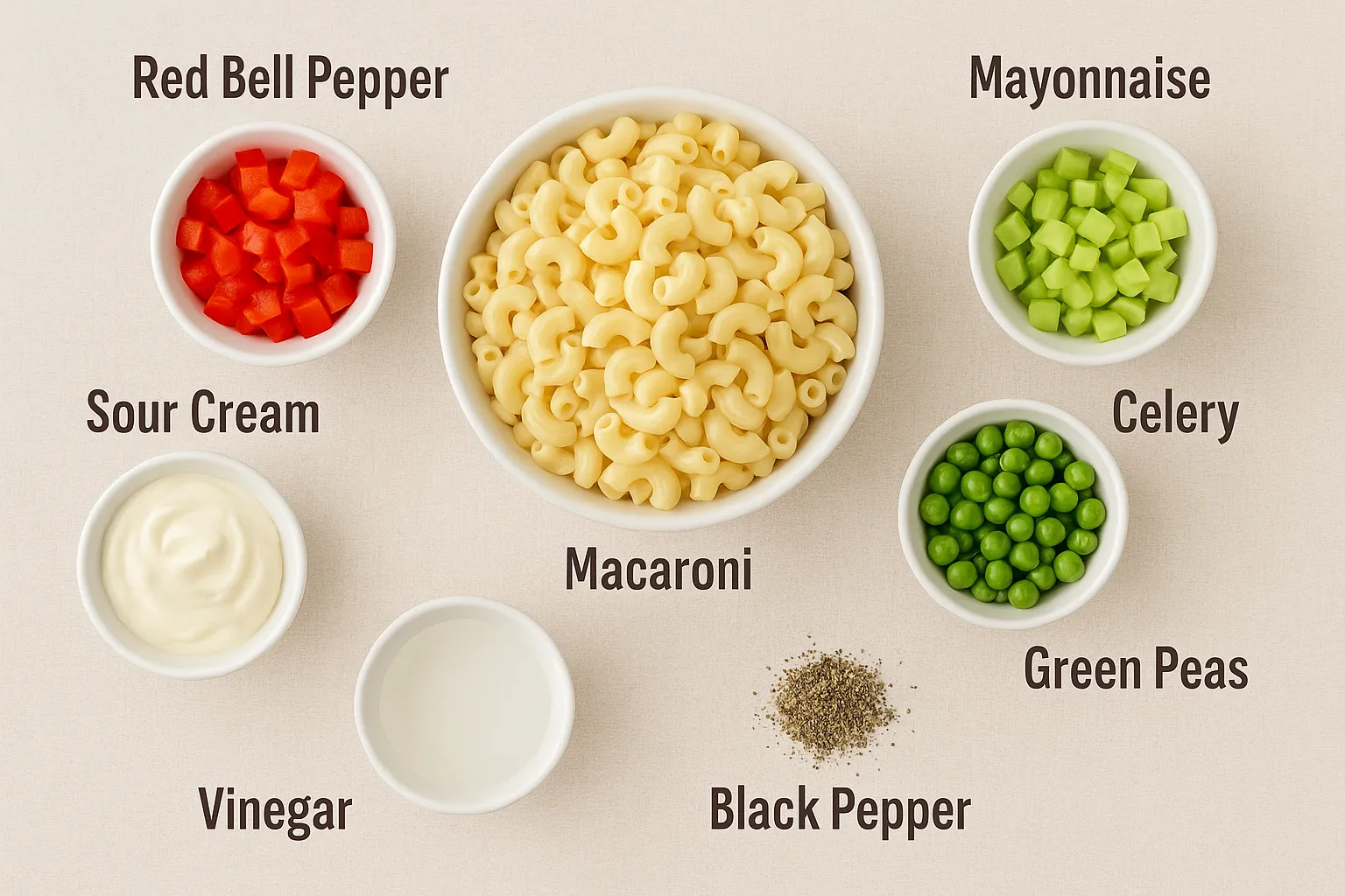 Ingredients for creamy macaroni salad labeled and arranged in bowls