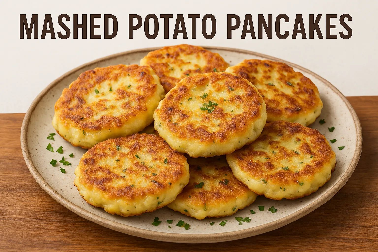 Golden crispy mashed potato pancakes served on a rustic ceramic plate, garnished with herbs.