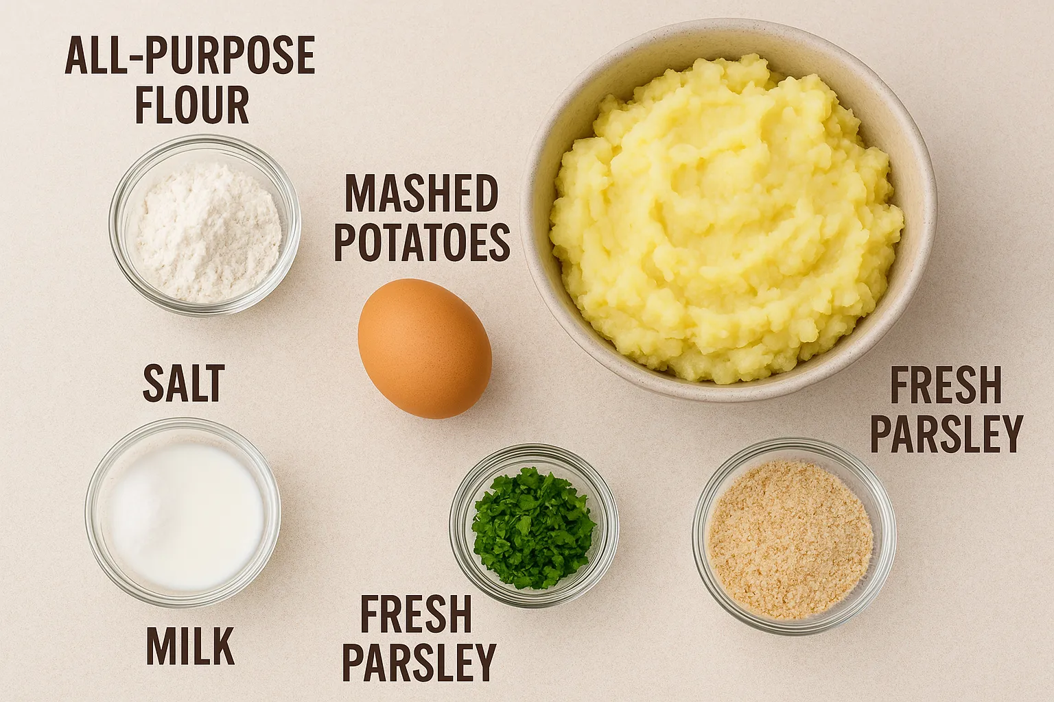 Ingredients for mashed potato pancakes including mashed potatoes, flour, milk, egg, parsley, breadcrumbs, and salt labeled in bowls.