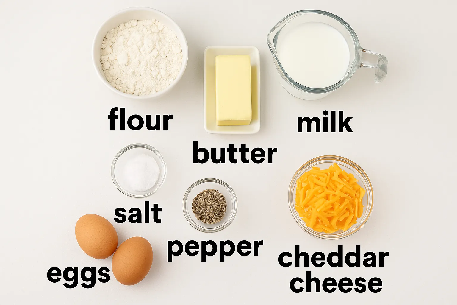 Ingredients for molten blobs recipe with names labeled: flour, butter, milk, salt, pepper, eggs, cheddar cheese