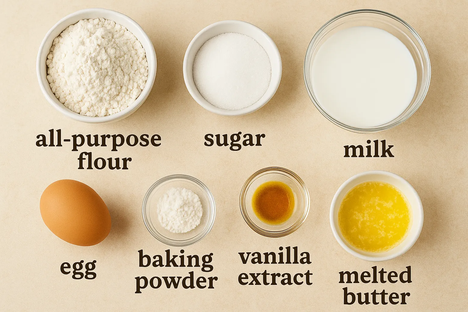 Pancake ingredients labeled and arranged on a beige background
