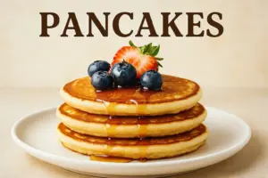 Stack of pancakes with syrup, blueberries, and strawberry on a white plate
