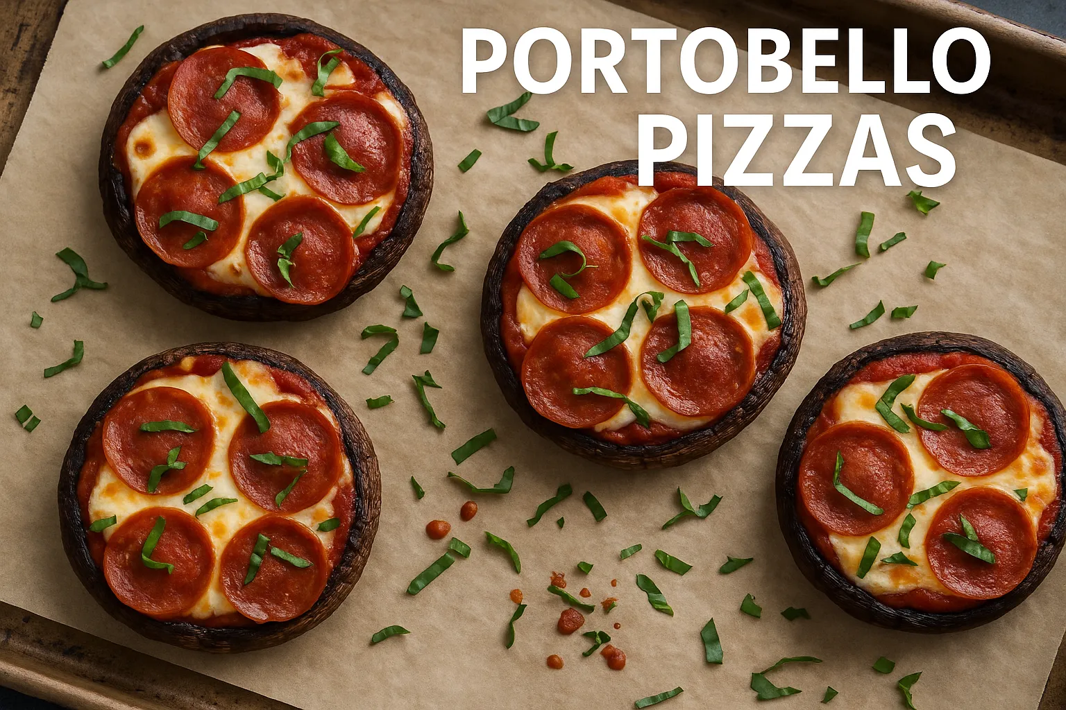 Freshly baked Portobello pizzas with melted mozzarella, pepperoni, and basil on a parchment-lined tray.