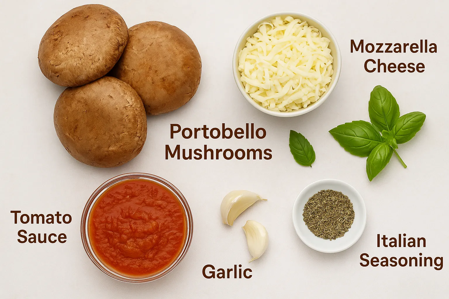 Ingredients for making Portobello pizzas including mushrooms, cheese, tomato sauce, garlic, basil, and Italian seasoning labeled clearly.