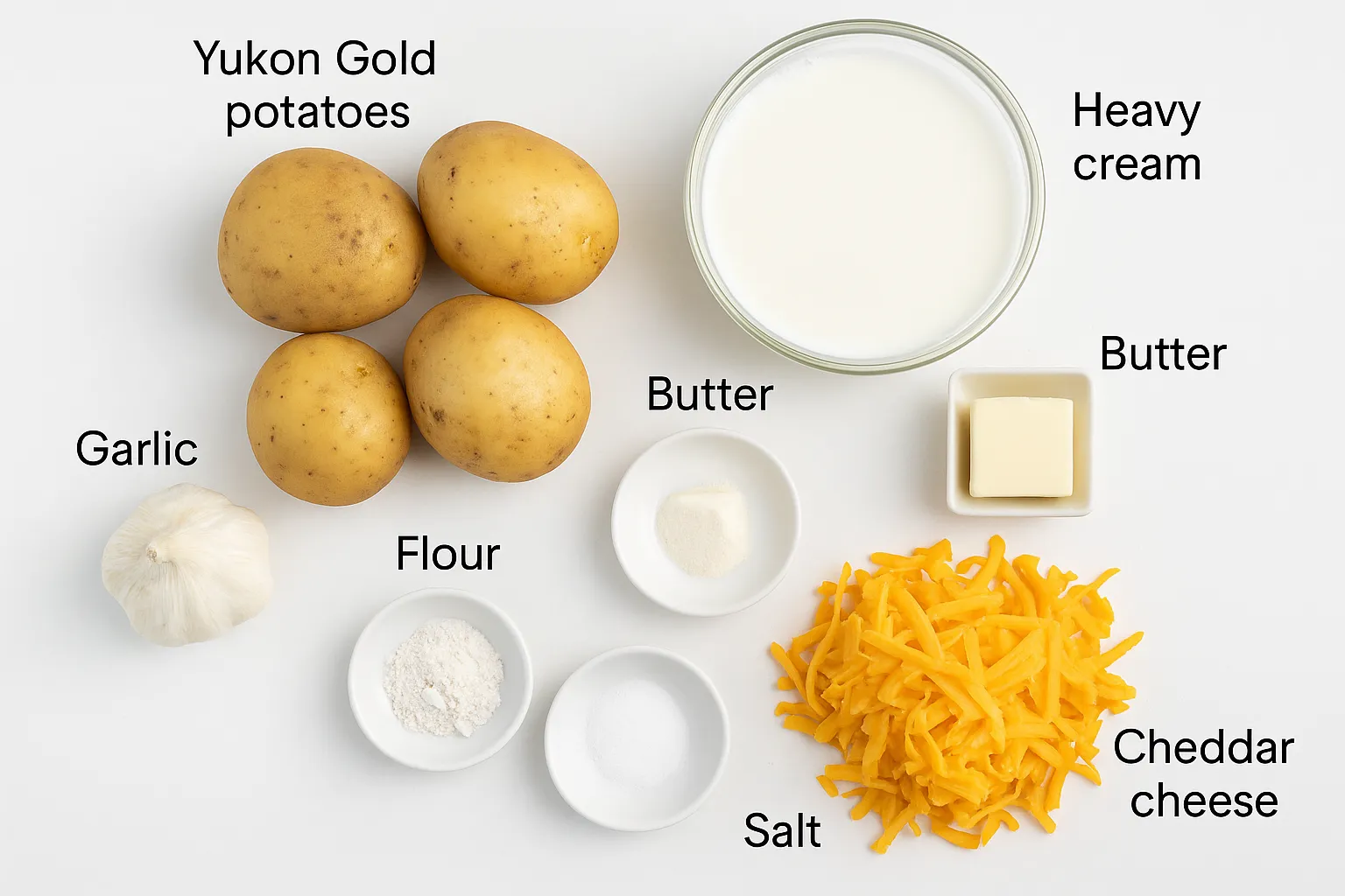 Ingredients for making Scalloped Potatoes including potatoes, cream, butter, garlic, cheese, and seasonings on white background
