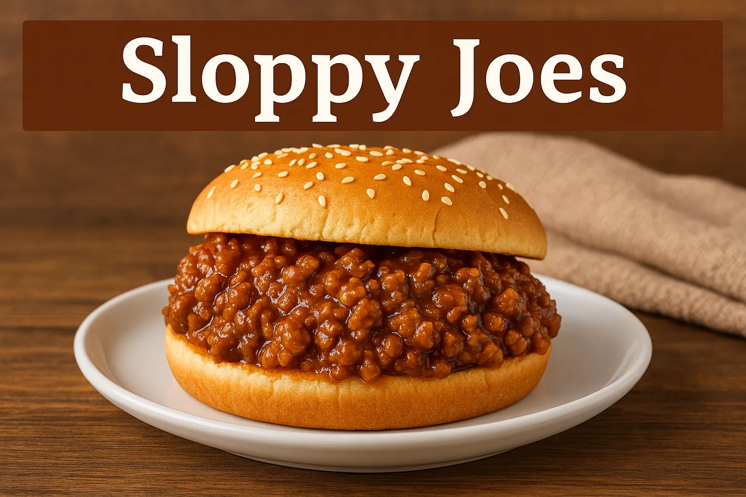 Sloppy Joe sandwich served on a white plate with sesame seed bun and rich beef filling