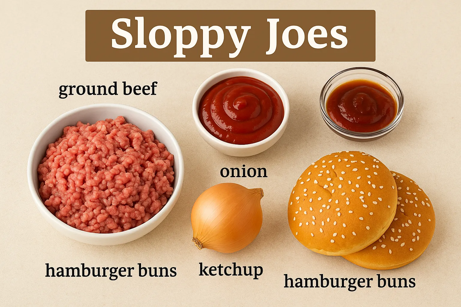 Ingredients for making Sloppy Joes including ground beef, onion, ketchup, and hamburger buns