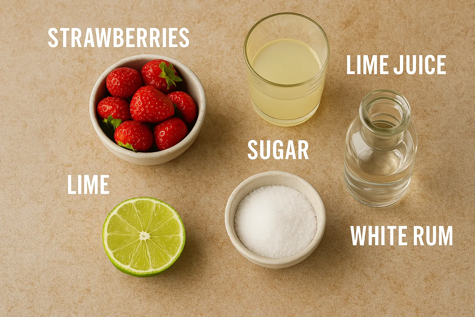 Ingredients for making strawberry daiquiris including strawberries, lime juice, sugar, lime, and white rum.
